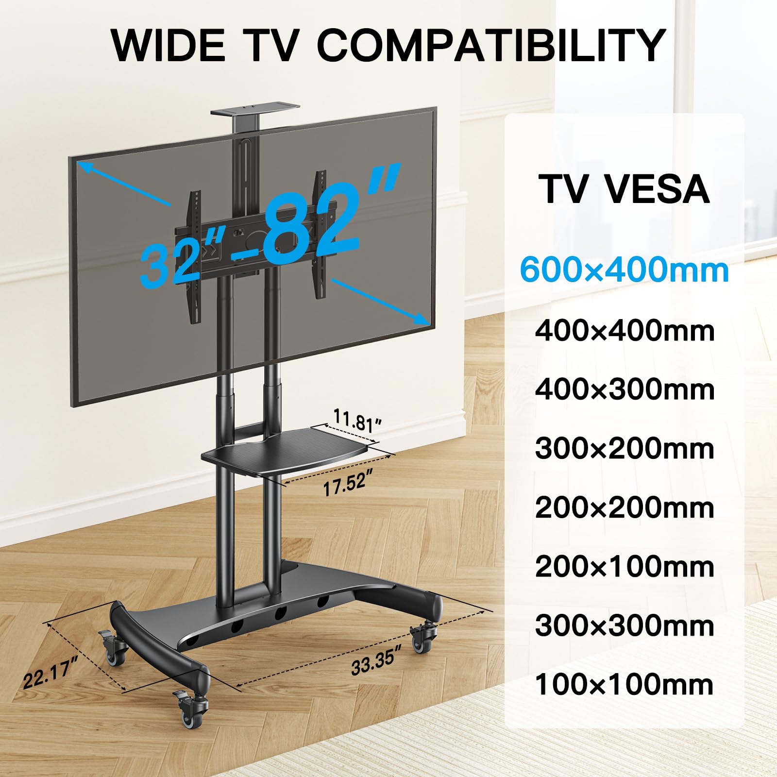 Rolling/Mobile TV Cart with Wheels for 32-82 Inch LCD LED 4K Flat Screen TVs