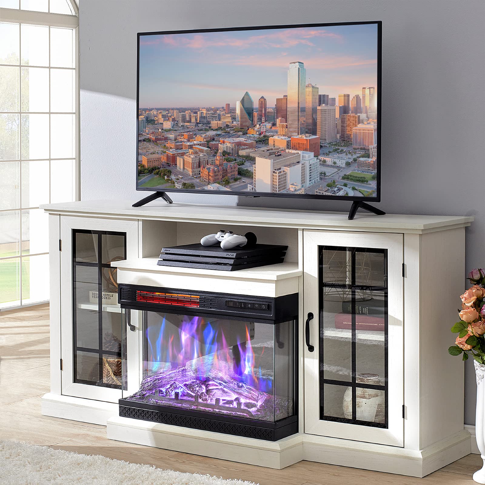3-Sided Glass Fireplace TV Stand for TVs up to 65''