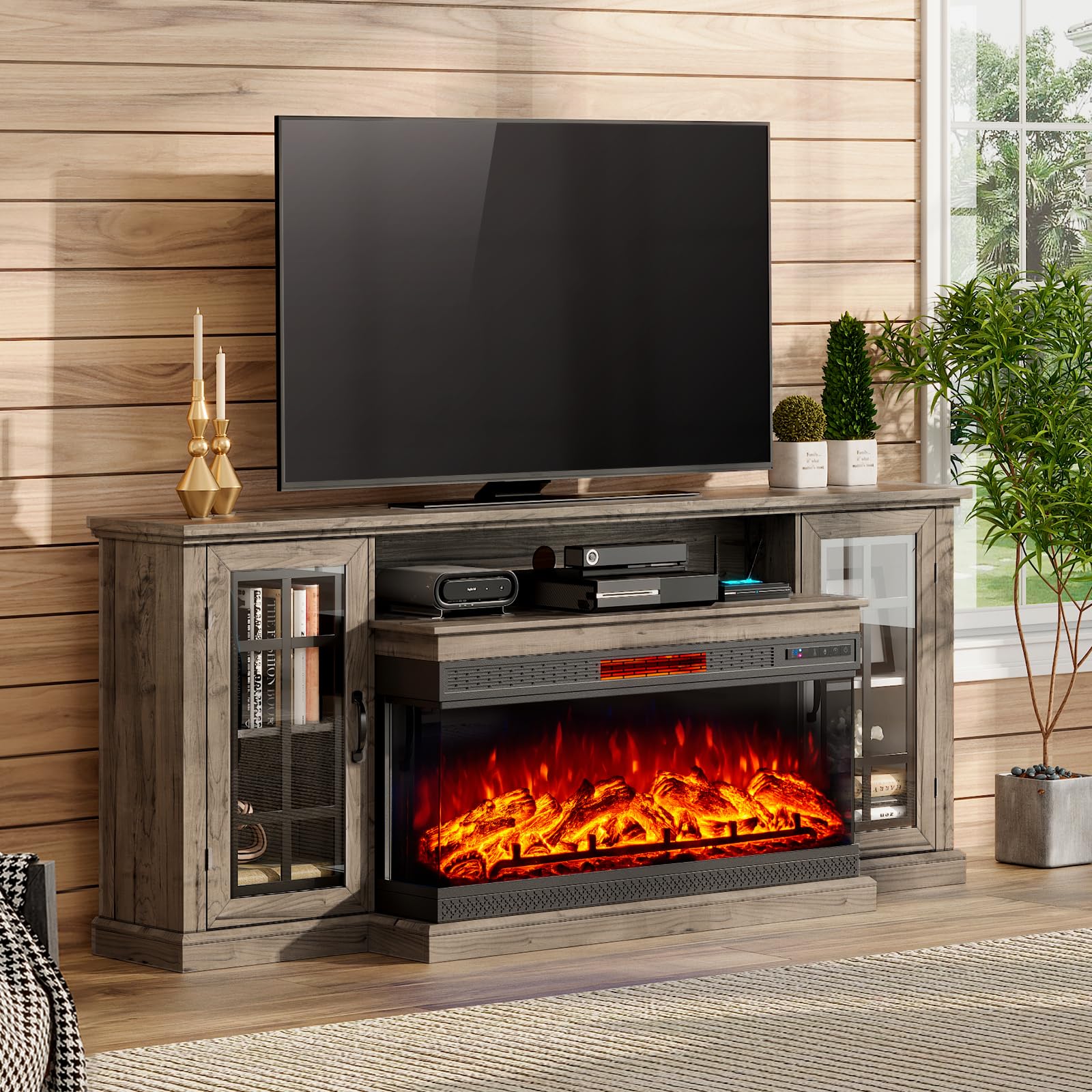 3-Sided Glass Fireplace TV Stand for TVs up to 65''